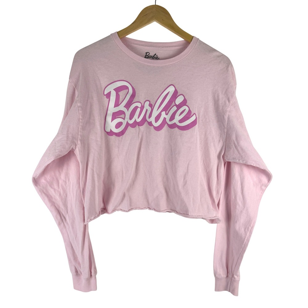 Forever 21 Barbie Pink Cropped‎ Long Sleeve Graphic T-Shirt Cotton Retro L